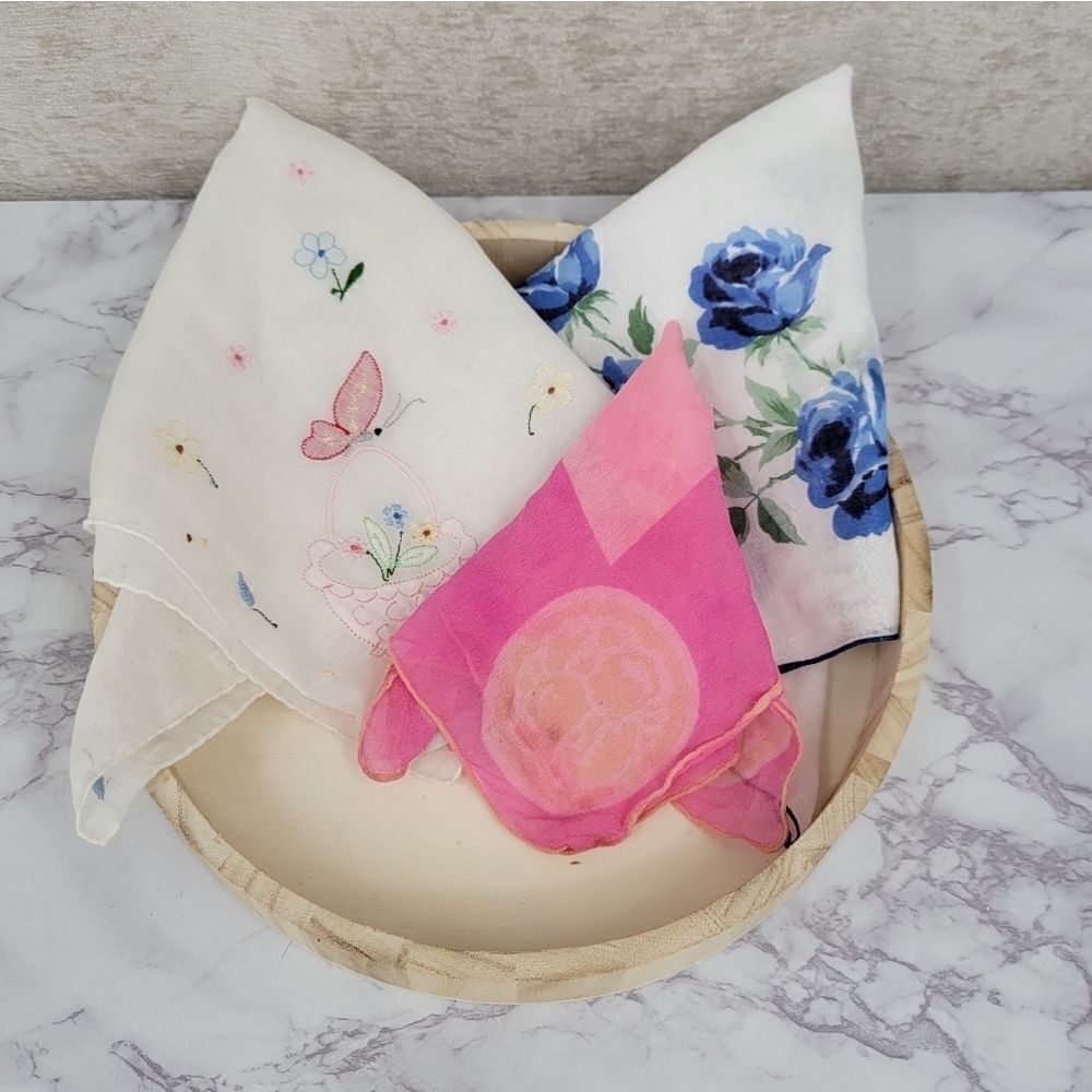 Vintage Ladies Hankerchief Lot /3 White Blue Floral Embroidery Cotton Pink Silk